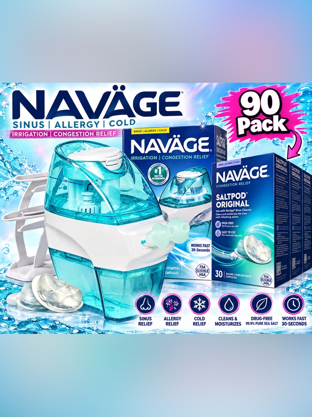 NAVAGE® Essentials Bundle: Nose Cleaner, 30 SaltPods Navage SaltPods Refills 90